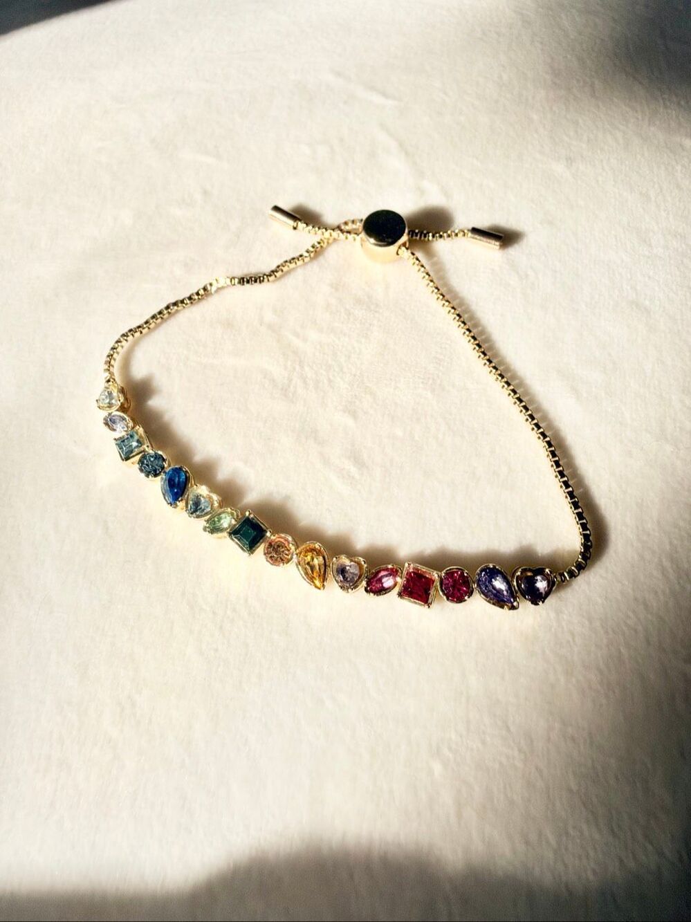Rainbow Crystal Tennis Bracelet Gold Adjustable Bolo Multicolor Gem